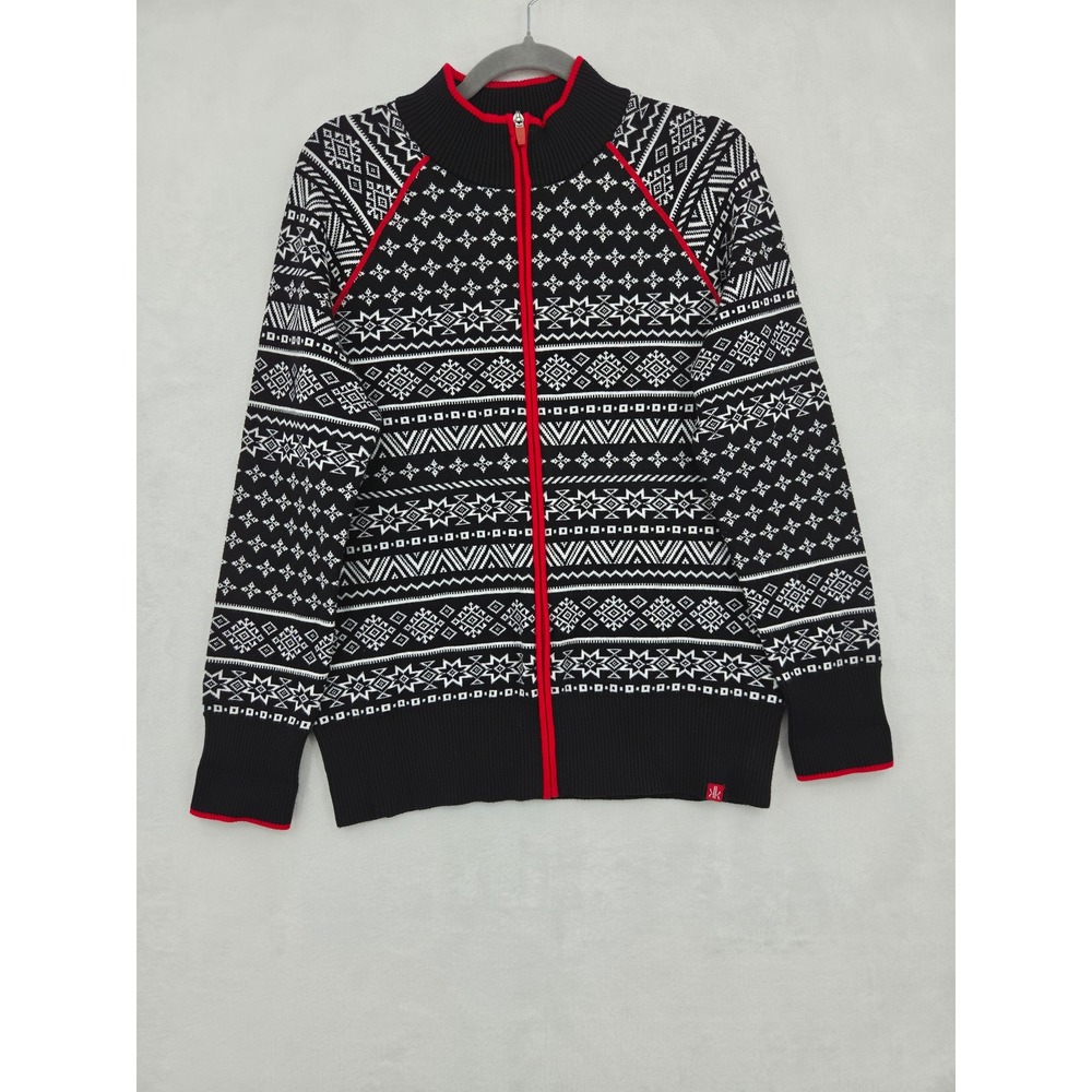 Krimson Klover Womens Black White Fair Isle Full Zip Cardigan Sweater Large